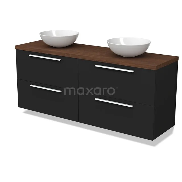 Modulo Plato Badkamermeubel voor waskom | 160 cm Mat zwart Vlak front Walnoot blad 4 lades BMK18-02409 Zwarte badkamermeubelset met houten blad, dubbele witte waskommen en chromen grepen, modern en strak ontwerp.
