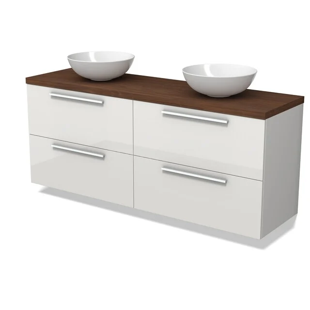 Modulo Plato Vanity units for countertop basin | 160 cm High-gloss white Flat front Walnoot worktop 4 drawers BMK18-02417 Wit badkamermeubel met vier lades, houten blad en twee wastafels; modern design, ideale opbergruimte voor de badkamer.