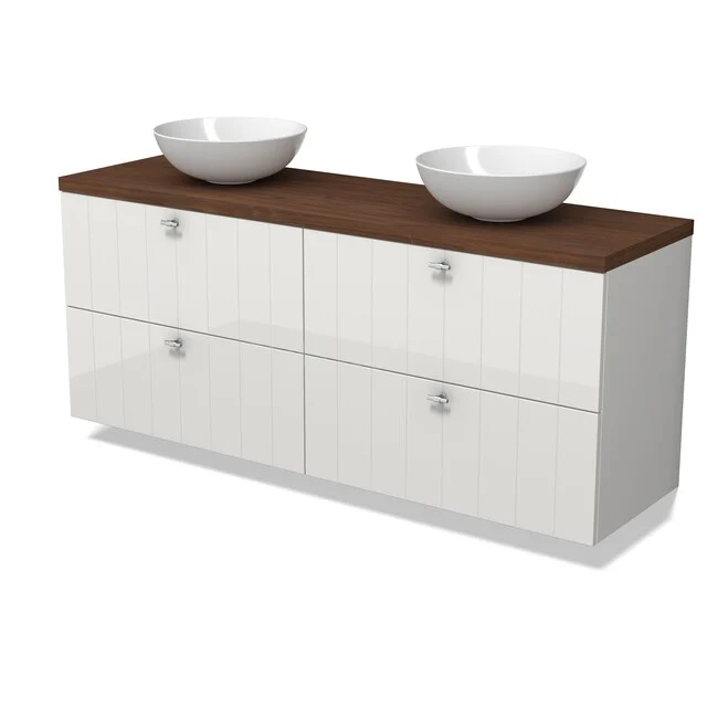 Modulo Plato Vanity units for countertop basin | 160 cm High-gloss white Slat front Walnoot worktop 4 drawers BMK18-02418 Wit badkamermeubel met vier lades, houten blad en twee opbouwkommen, modern design voor een stijlvolle badkamer.