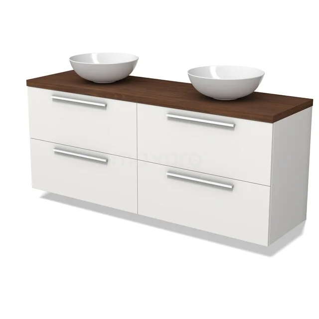 Weißes schwebendes Badezimmermöbel mit dunklem Holzblatt und zwei runden Aufsatzwaschbecken, modernes Design mit vier Schubladen.