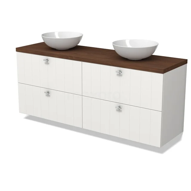 Wit wastafelmeubel met houten blad, vier lades en dubbele komwastafel, ideaal voor moderne badkamerinrichting.