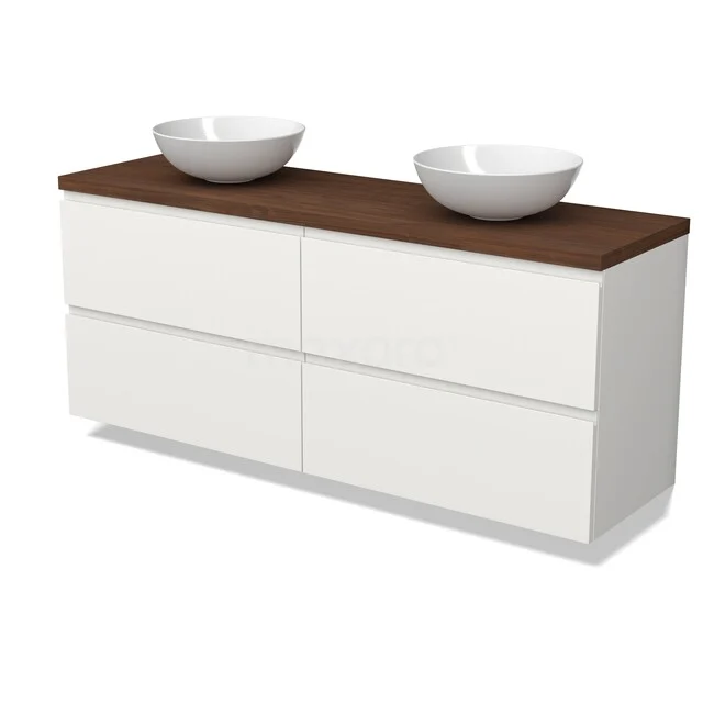 Modulo Plato Badkamermeubel voor waskom | 160 cm Mat wit Greeploos front Walnoot blad 4 lades BMK18-02422 Wit badkamermeubel met dubbele opzetwastafel en houten blad, modern design, ideaal voor luxe badkamerinrichting.
