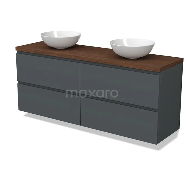Modulo Plato Vanity units for countertop basin | 160 cm Dark grey Handle-less front Walnut worktop 4 drawers BMK18-02425 Grijze badkamermeubel met houten blad en dubbele witte waskommen, modern design, perfect voor een stijlvolle badkamer.