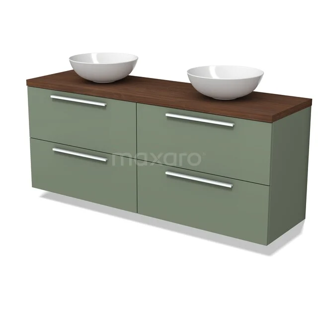 Modulo Plato Vanity units for countertop basin | 160 cm Sage green Flat front Walnoot worktop 4 drawers BMK18-02426 Groen badkamermeubel met houten blad, dubbele ovalen wastafels en vier lades, modern design voor stijlvolle badkamerinrichting.