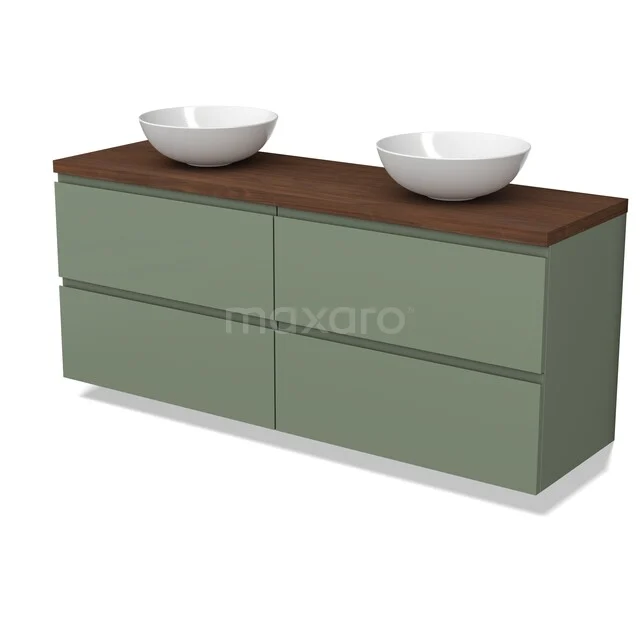 Modulo Plato Vanity units for countertop basin | 160 cm Sage green Handle-less front Walnut worktop 4 drawers BMK18-02427 Groene dubbele badkamermeubel met houtlook blad en witte waskommen, modern design voor stijlvolle badkamer inrichting.