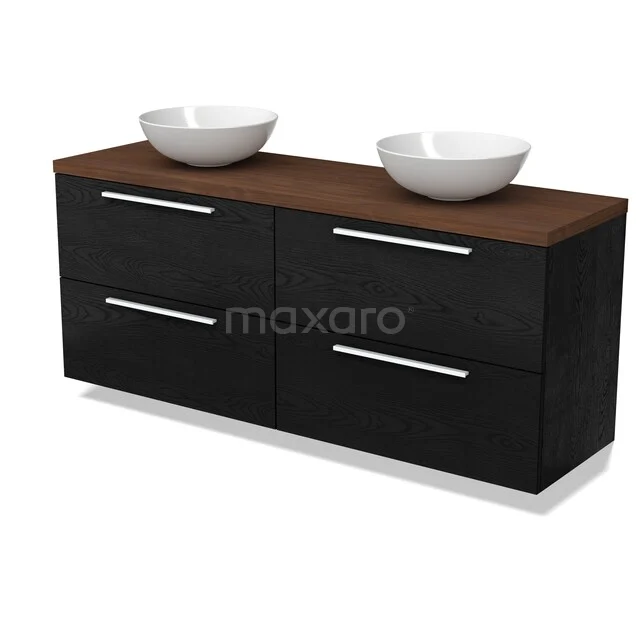Modulo Plato Vanity units for countertop basin | 160 cm Black oak Flat front Walnoot worktop 4 drawers BMK18-02428 Zwarte badkamermeubelset met houten blad en dubbele waskommen, modern design met 4 lades voor ruime opbergmogelijkheden.