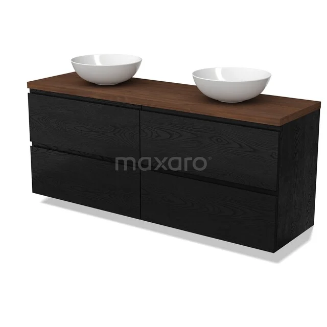 Schwarzes Badmöbel mit doppelter Platte, Holzoberfläche und zwei weißen Aufsatzwaschbecken, modernes Design.