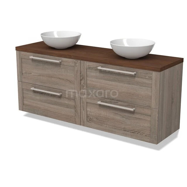 Modulo Plato Vanity units for countertop basin | 160 cm Oak Frame front Walnoot worktop 4 drawers BMK18-02431 Houten badkamermeubel met donker bruine bovenkant, vier lades en twee witte waskommen, ideaal voor een moderne badkamerstijl.