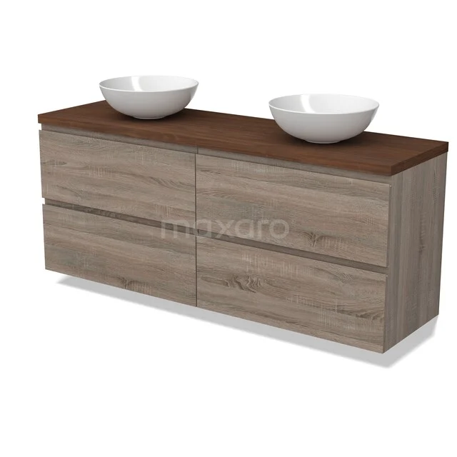 Modulo Plato Vanity units for countertop basin | 160 cm Oak Handle-less front Walnut worktop 4 drawers BMK18-02432 Houten badkamermeubel met twee witte waskommen, moderne design, gladde houtstructuur, ideaal voor eigentijdse badkamerruimtes.
