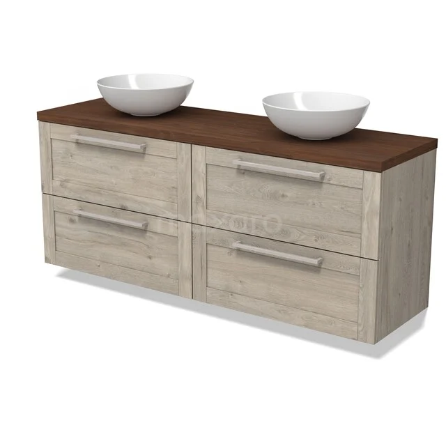 Modulo Plato Vanity units for countertop basin | 160 cm Light grey oak Frame front Walnoot worktop 4 drawers BMK18-02434 Houten badkamermeubel met dubbele wastafel; licht eiken afwerking en bruine bovenblad, ideaal voor een moderne badkamer.