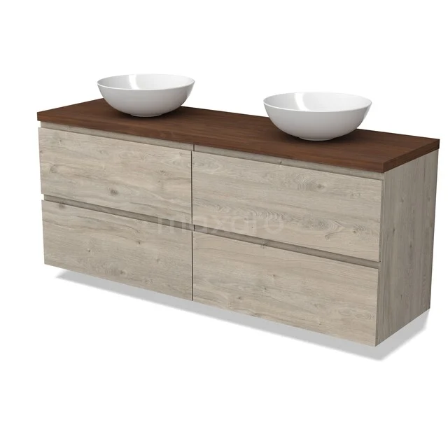 Modulo Plato Vanity units for countertop basin | 160 cm Light grey oak Handle-less front Walnoot worktop 4 drawers BMK18-02435 Badkamermeubel houtlook met twee witte keramische waskommen, donker houten blad, modern design.