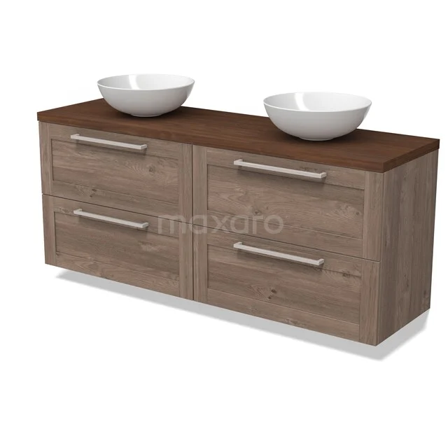 Wooden bathroom furniture with 4 drawers, dark wooden top and white ceramic washbasins; stylish and functional design.