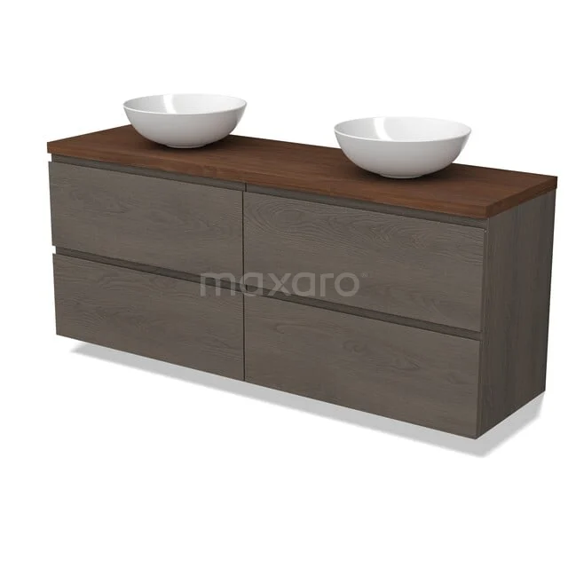 Modulo Plato Badkamermeubel voor waskom | 160 cm Donkerbruin eiken Greeploos front Walnoot blad 4 lades BMK18-02444 Houten badkamermeubel met dubbele wastafel, donkerbruin blad en grijze lades, modern design.