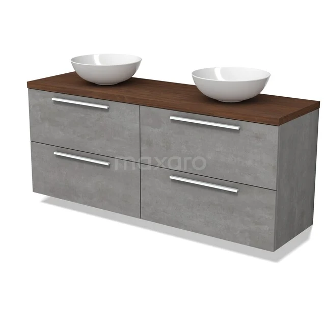 Modulo Plato Vanity units for countertop basin | 160 cm Light grey concrete Flat front Walnoot worktop 4 drawers BMK18-02445 Grijze badkamermeubelset met betonnen afwerking, houten blad en twee witte waskommen voor een moderne badkamerstijl.