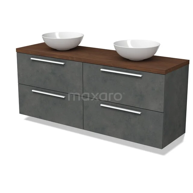 Modulo Plato Vanity units for countertop basin | 160 cm Dark grey concrete Flat front Walnut worktop 4 drawers BMK18-02447 Badkamermeubel met dubbele waskommen, grijze betonnen look, houten blad en chique metalen handgrepen voor een moderne badkamerstijl.