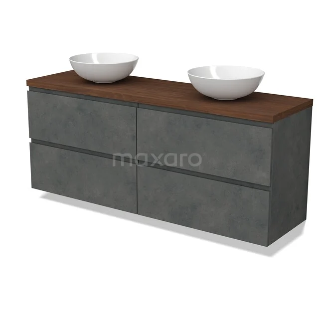 Modulo Plato Vanity units for countertop basin | 160 cm Dark grey concrete Handle-less front Walnoot worktop 4 drawers BMK18-02448 Dubbele wastafelmeubel in betonlook met houtfineerblad, inclusief twee ronde witte waskommen voor een moderne badkamerstijl.