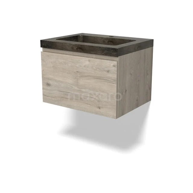 Holz-Badmöbel mit Schublade und dunklem Waschbecken, modernes Design in Eichenoptik, perfekt für einen stilvollen Badezimmerraum.