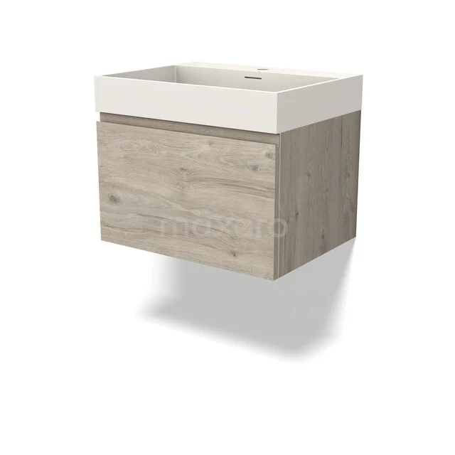 Modulo Badkamermeubel met wastafel | 60 cm Lichtgrijs eiken Greeploos front Solid surface 1 lade BMW11-04962 Compact badkamermeubel met houtlook finish, witte wastafel en moderne uitstraling; ideaal voor kleine badkamers.