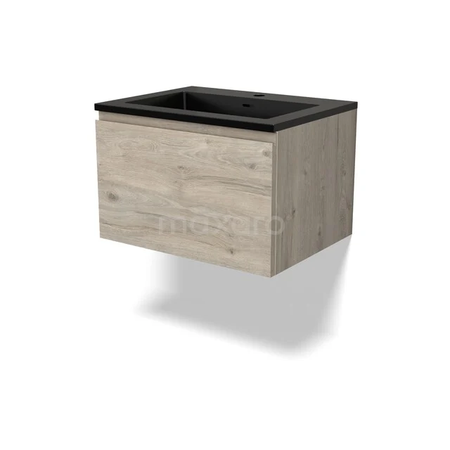 Modulo Badmöbel mit Unterschrank mit Waschbecken BMW11-04964 Hölzernes schwebendes Badezimmermöbel mit schwarzem keramischen Waschbecken, kompaktem Design und natürlichem Holzlook für moderne Bäder.