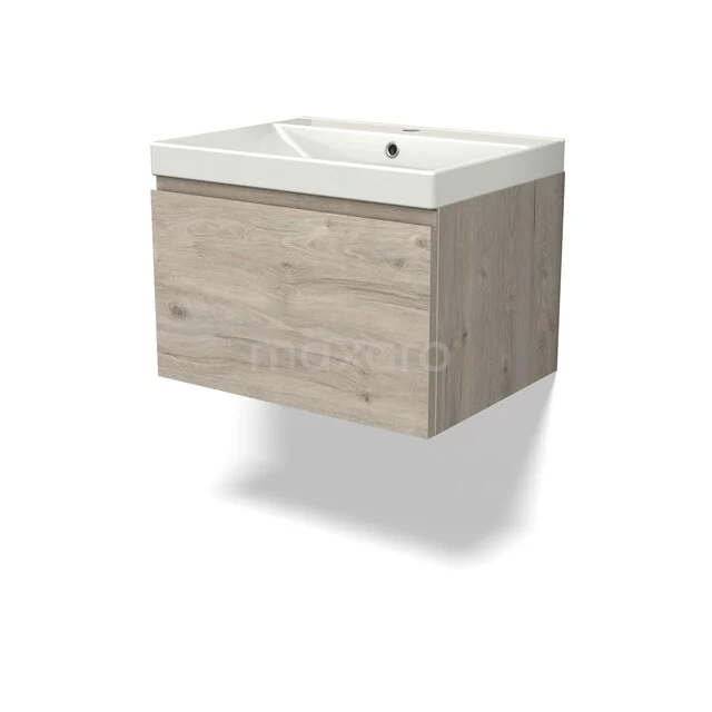 Modulo Bathroom furniture with sink | 60 cm Light grey oak Handle-less front Ceramic 1 drawer BMW11-04966 Wooden bathroom furniture with sink, light oak colour, compact design, wall-mounted, ideal for small bathrooms.