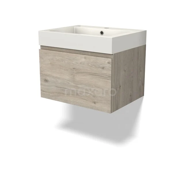 Modern hängendes Badmöbel mit Holzoptik, weißem keramischen Waschbecken und einer Schublade, kompaktes Design für kleine Bäder.