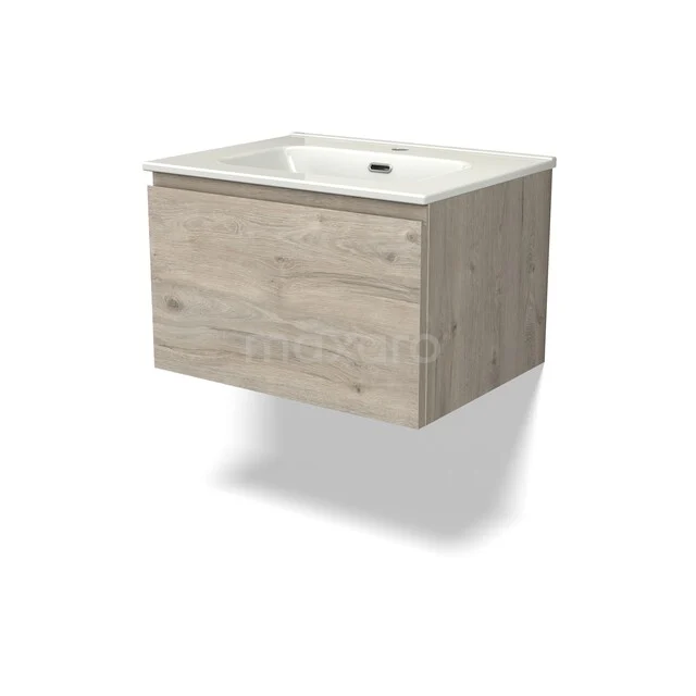 Holz Badmöbel mit Waschbecken, Eiche-Look, hängendes Design, kompakte Abmessungen ideal für kleine Bäder.