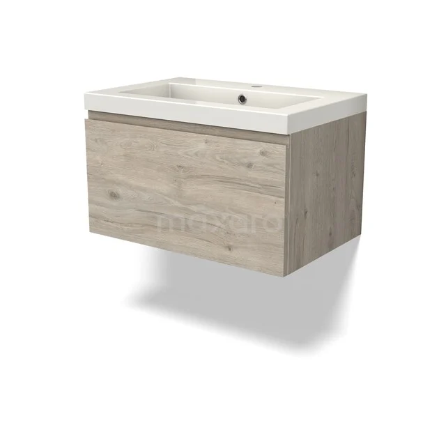 Houten badkamermeubel met licht eiken uitstraling en witte wastafel, ideaal voor moderne badkamerruimtes.