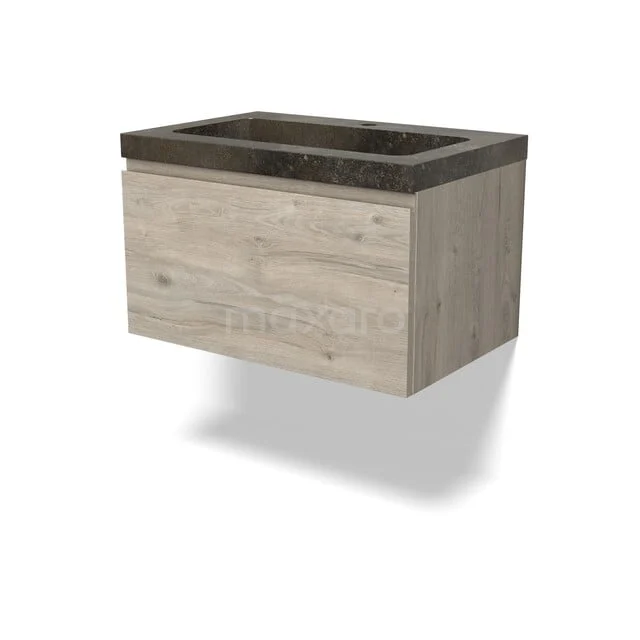 Modulo Badkamermeubel met wastafel | 70 cm Lichtgrijs eiken Greeploos front Natuursteen 1 lade BMW11-04974 Houten badkamermeubel met betonlook wastafel, strak design, wandmontage, ideaal voor moderne badkamers.