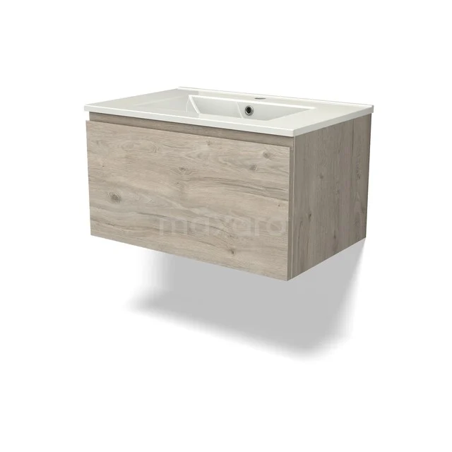 Hanging bathroom furniture in wood look with sink, compact shape and modern style, ideal for a sleek bathroom design.