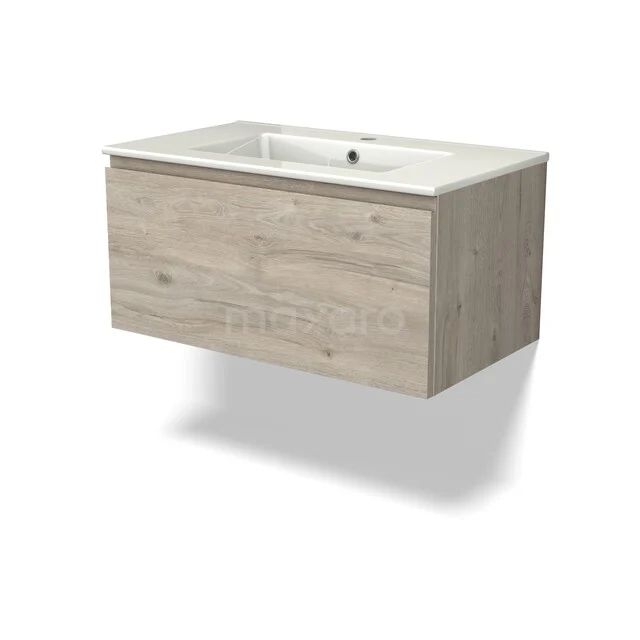 Modulo Vanity units with basin | 80 cm Light grey oak Handle-less front Ceramic 1 drawer BMW11-04977 Houten badkamermeubel met ingebouwde witte wastafel, modern wandmodel in licht eiken finish.