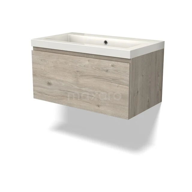 Houten wastafelonderkast met geïntegreerde witte keramische wastafel, zwevend design, ideaal voor moderne badkamers.