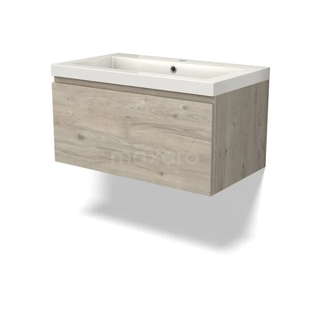 Houten badkamermeubel met wastafel, eikenlook, strakke vormgeving, ideaal voor moderne badkamers.