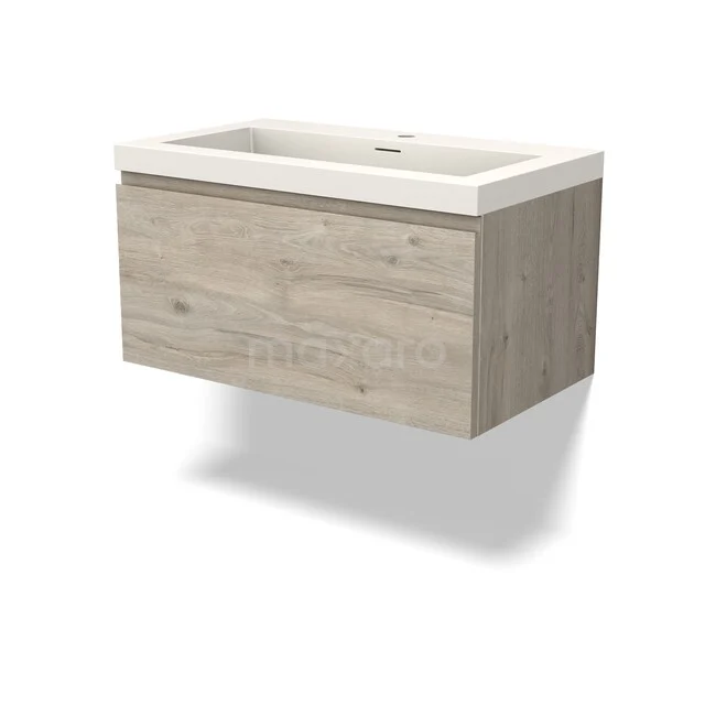 Wooden washbasin unit with ceramic sink, wall-mounted design, light oak finish, ideal for modern bathrooms.