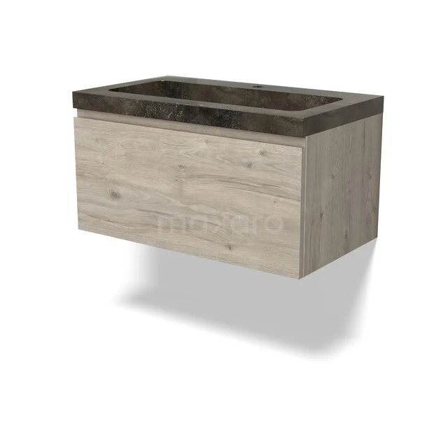 Houten badkamermeubel met wastafel, eiken uitstraling en donker stenen blad, modern wandmodel voor stijlvolle badkamerinrichting.