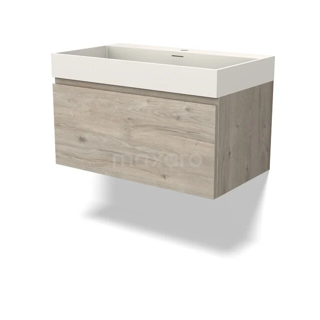 Modulo Badmöbel mit Unterschrank mit Waschbecken BMW11-04984 Holz-Badmöbel mit Schublade in Eichenoptik und keramischem Waschbecken, modernes Design für moderne Bäder.