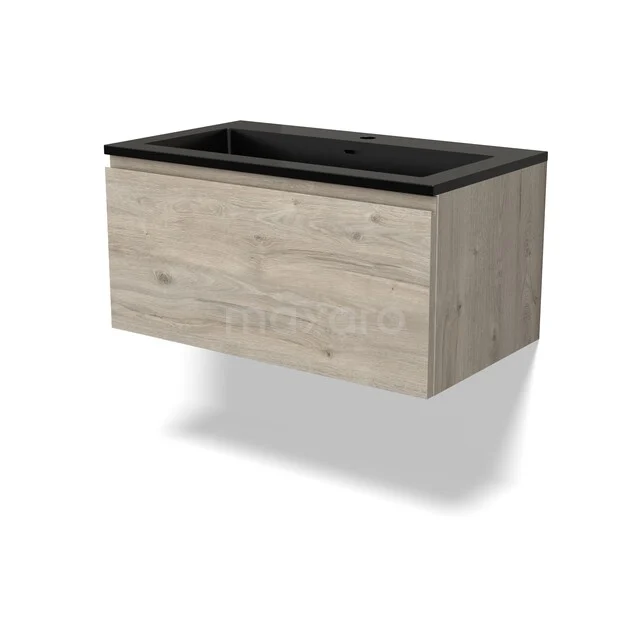 Holz hängendes Badezimmermöbel mit schwarzem Waschbecken, modernes Design, Eichenfarbe, ideal für ein stilvolles Badezimmer.