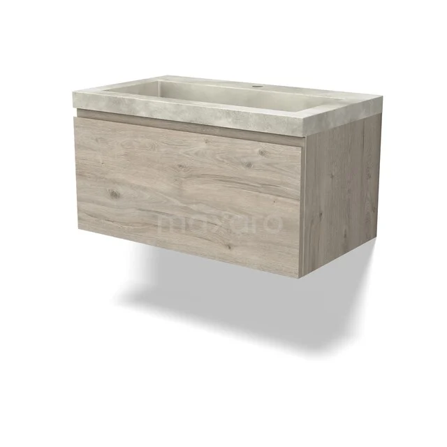 Wooden bathroom furniture with drawer and concrete sink, modern design in oak look, ideal for a stylish bathroom decor.