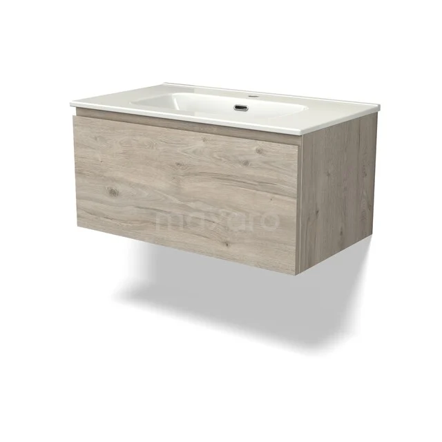 Holz-Badmöbel mit Schublade in hellem Holzton und keramischem Waschbecken, ideale Kombination für ein modernes Badezimmer.