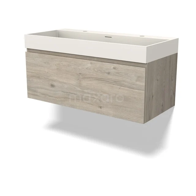 Modulo Badkamermeubel met wastafel | 100 cm Lichtgrijs eiken Greeploos front Solid surface 1 lade BMW11-05005 Houten badkamermeubel in eiken look met witte wastafel, moderne wandoplossing voor stijlvolle en functionele badkamers.