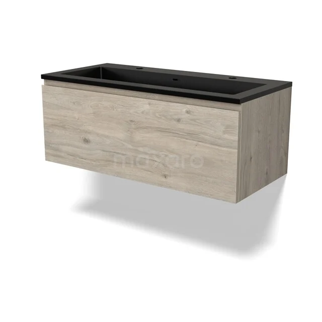 Houten wastafelmeubel met zwart blad, hangend model, ideale keuze voor een moderne badkamer.