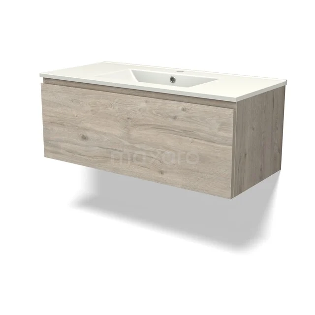 Wooden bathroom furniture with white sink, floating design, light oak finish and spacious storage drawer.
