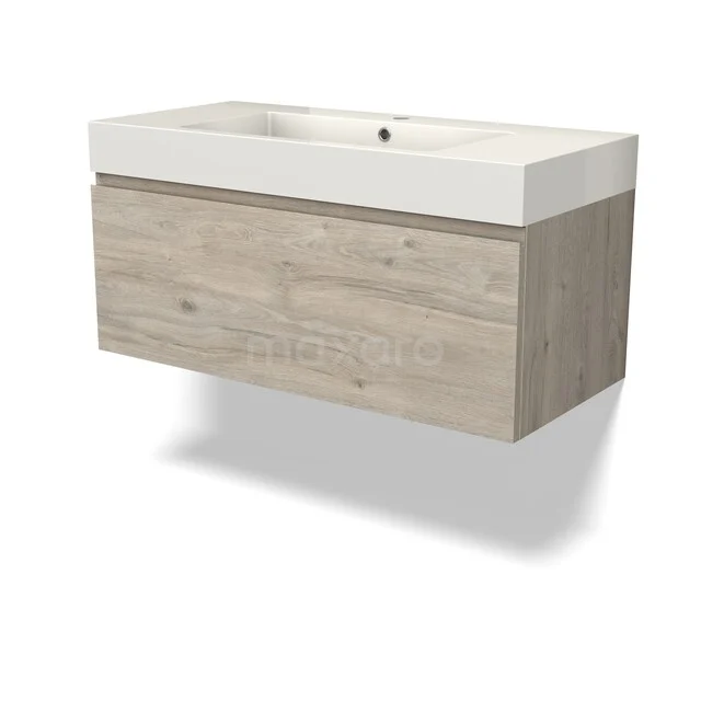 Modulo Badkamermeubel met wastafel | 100 cm Lichtgrijs eiken Greeploos front Mineraalmarmer 1 lade BMW11-05011 Houten badkamermeubel met lade, beige houtlook en wit keramisch wastafelblad, zwevend model uit moderne meubelserie.