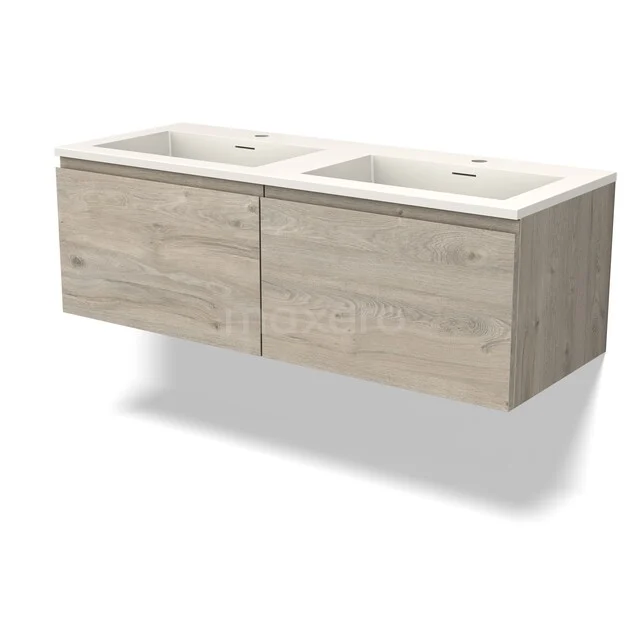 Holz Badezimmermöbel mit doppeltem weißen Waschbecken, hängendes Design, helle Holzfarbe, ideal für moderne Badezimmerlayouts.