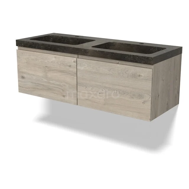 Modulo Badkamermeubel met wastafel | 120 cm Lichtgrijs eiken Greeploos front Natuursteen 2 lades naast elkaar BMW12-01213 Modern houten badkamermeubel met dubbele wastafel, zwevend ontwerp en antraciet blad voor een stijlvolle badkamerinrichting.