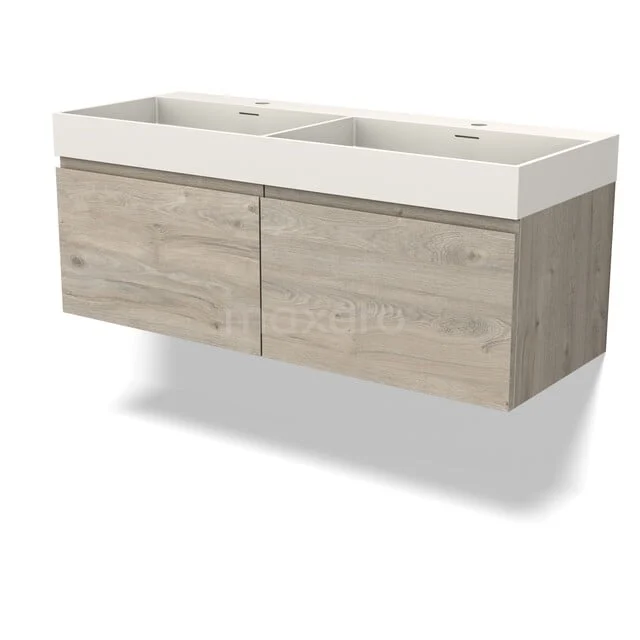 Holz-Badmöbel mit Doppelwaschbecken, Eiche-Look, schlankes Design und Wandmontage, ideal für ein modernes Badezimmer.