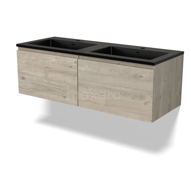 Houten badkamermeubel met twee zwarte wasbakken, zwevend ontwerp, moderne uitstraling, ideaal voor een stijlvolle badkamer.