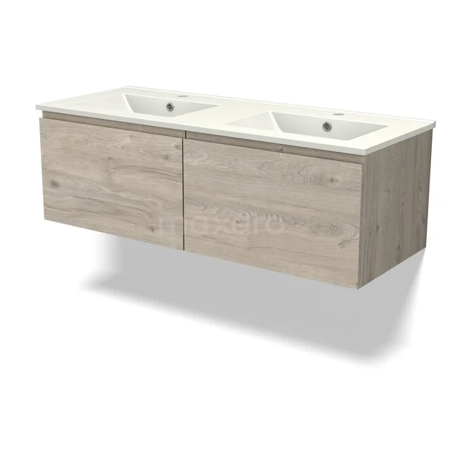 Double sink with wooden under-cabinet in light oak, wall-mounted, perfect for a stylish and spacious bathroom.