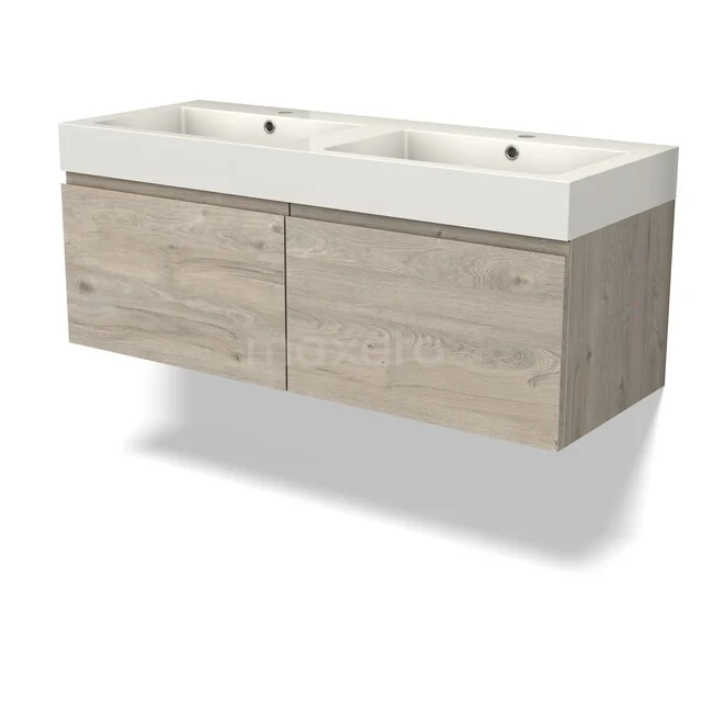 Wooden bathroom furniture with double white sink, modern wall-mounted design, perfect for a stylish bathroom interior.