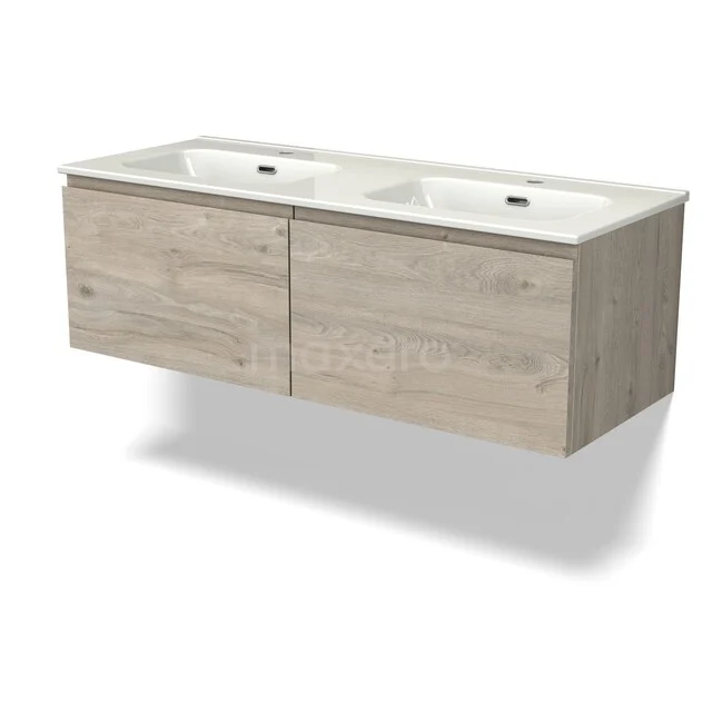 Wooden bathroom furniture with double sink, light oak finish, modern floating design for functional bathroom furnishing.