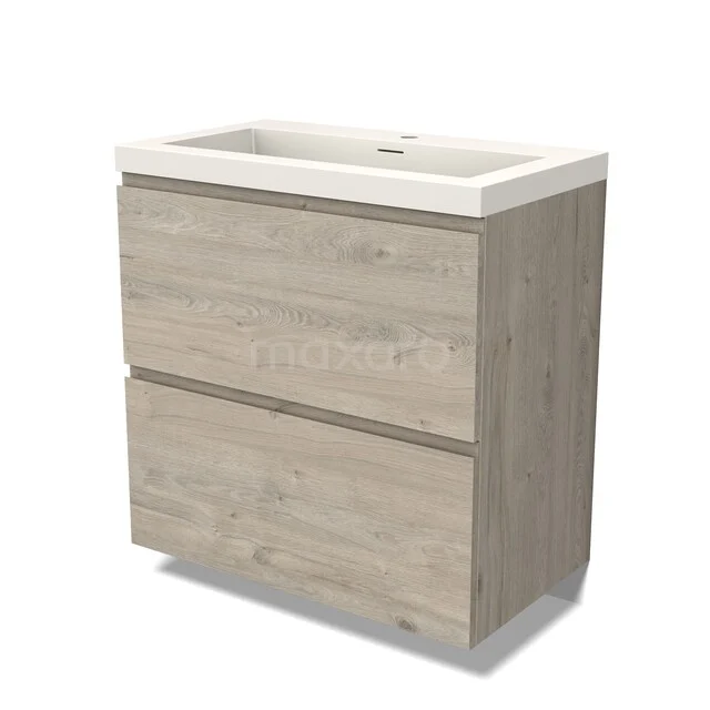 Wooden bathroom cabinet with sink, oak look, 2 drawers, modern design, ideal for organised bathroom storage.
